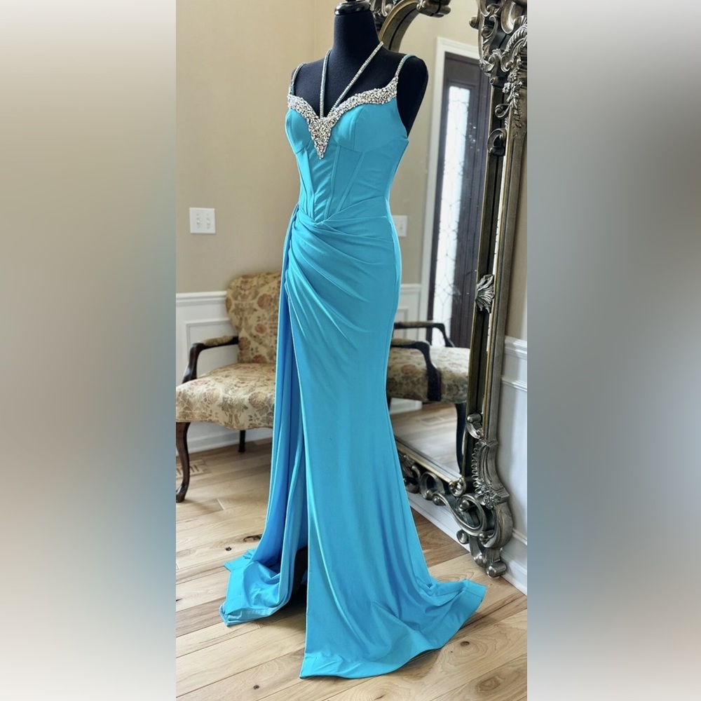 Portia and Scarlett Turquoise Blue Maxi Formal Evening Fitted Gown Size 4 - Picture 7 of 16